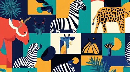 Colorful abstract patterns featuring various animals including zebras, a giraffe, and a leopard in a vibrant design