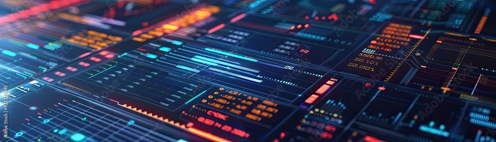 Poster futuristic digital interface with vibrant colors, showcasing data analysis and technology in a sleek