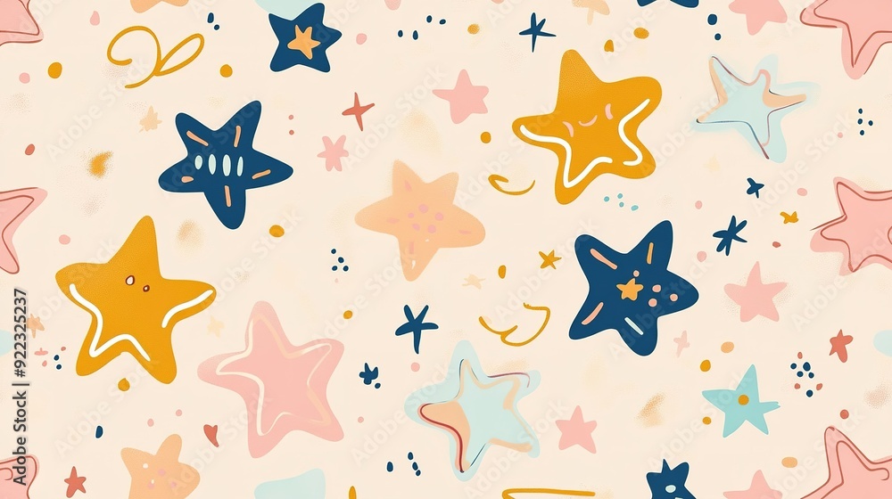Poster colorful stars pattern on a light background with playful shapes and smiles