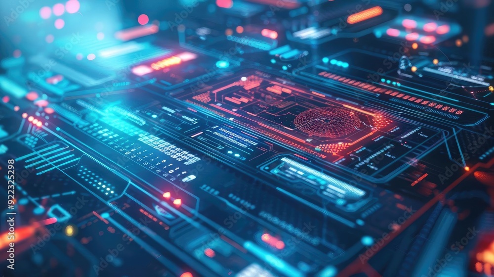 Poster Futuristic technology background with abstract circuit patterns and glowing lights, perfect for digital and sci-fi themes.