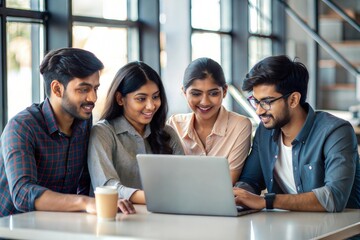 "Group of Indian College Friends Studying Together" - A group of Indian college students studying together, collaborating on a project.
