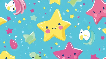 Colorful cartoon pattern featuring smiling stars and whimsical creatures on a bright blue background