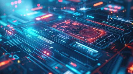Obraz premium Futuristic technology background with abstract circuit patterns and glowing lights, perfect for digital and sci-fi themes.