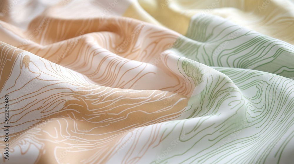 Poster soft fabric with abstract line patterns in pastel shades of peach and green draping elegantly