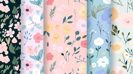 Floral patterned wallpapers in pastel colors displayed in a vertical arrangement