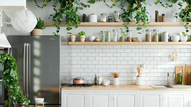 Modern kitchen with open shelving, white subway tile backsplash, and lush green plants, creating a fresh and organized space. Interior design concept.