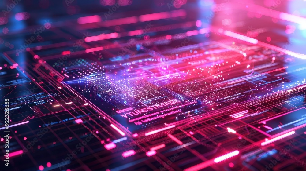 Aufkleber Futuristic digital technology background with vibrant holographic elements and abstract patterns in pink and blue shades.