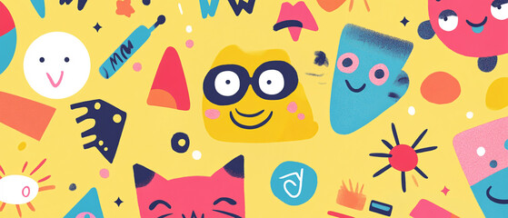 Colorful Abstract Pattern with Funny Faces and Geometric Shapes