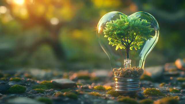 Glass lightbulb with love shaped green tree growing inside. Light bulb heart shaped with tree inside. ECO Friendly, Clean energy filling technology. Renewable energy concept	