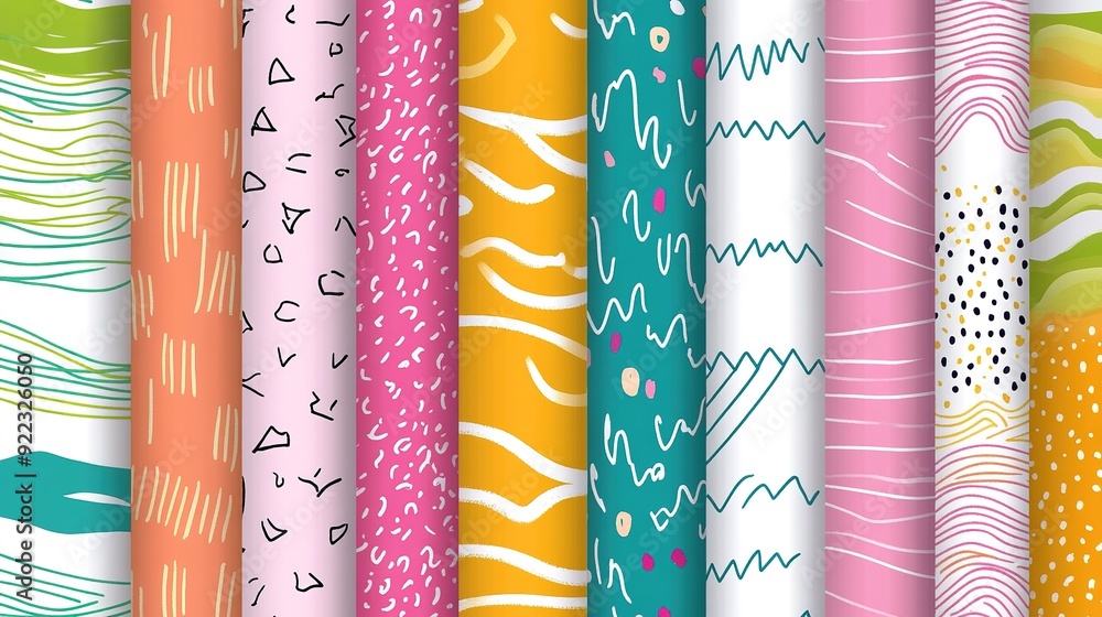 Poster colorful abstract patterns on rolled paper displayed in a row, showcasing various designs and colors