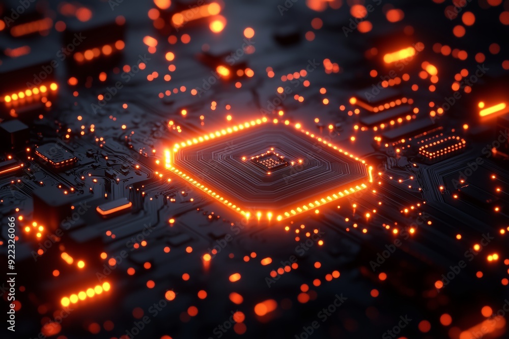 Poster close-up view of a glowing circuit board at night showcasing intricate technology and design feature