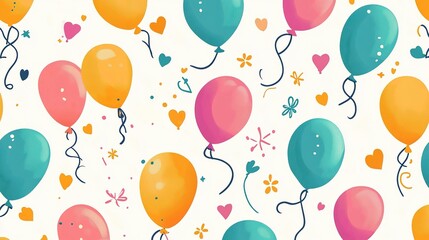 Colorful balloons in various shapes and sizes on a light background with playful hearts and flowers