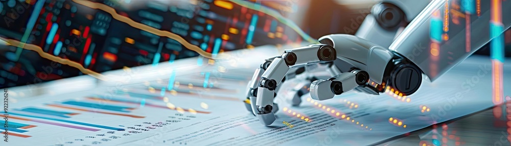 Poster An advanced robotic hand analyzing financial data, symbolizing the merger of technology and finance in the digital age.