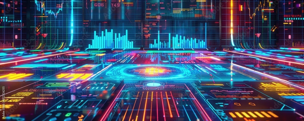 Poster Futuristic digital landscape with vibrant neon lights and intricate data patterns, perfect for technology and sci-fi themes.
