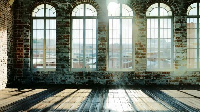 Empty industrial loft space with large arched windows and exposed brick walls, filled with natural light. Urban interior concept.