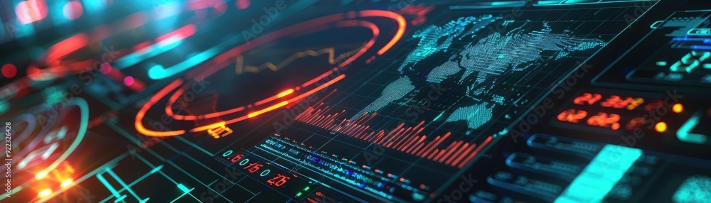 Fototapete Futuristic dashboard display with glowing interfaces and data visualization. Ideal for technology and cyber themes.