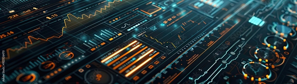 Poster Futuristic digital interface displaying data analysis and information visualization for technology and innovation themes.