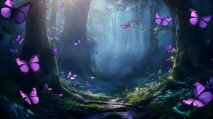  a landscape of a fantasy forest with purple butterflies