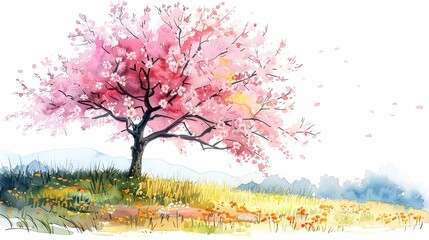 Beautiful watercolor illustration of a blooming cherry blossom tree in a serene landscape with mountains in the background.