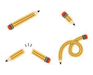 A set of different yellow pencils. Small, broken, bended, knotted. Back to school elements. Fun art supplies.