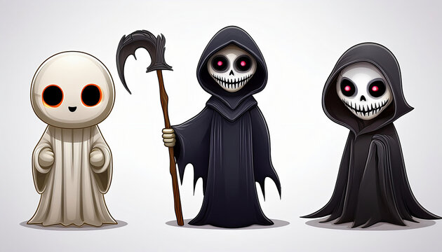 Illustration of a set of Halloween characters with a grim reaper isolated on white