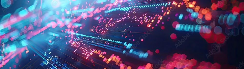 Poster Abstract futuristic digital light patterns creating vibrant illumination and dynamic motion in a high-tech environment.