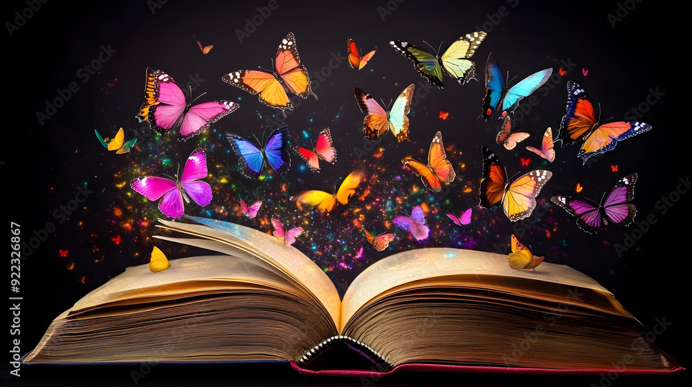 Poster an open book with colorful butterflies emerging from its pages