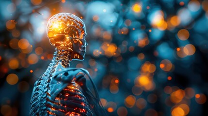 Futuristic digital representation of a human skeleton with glowing neural connections, surrounded by vibrant bokeh lights.