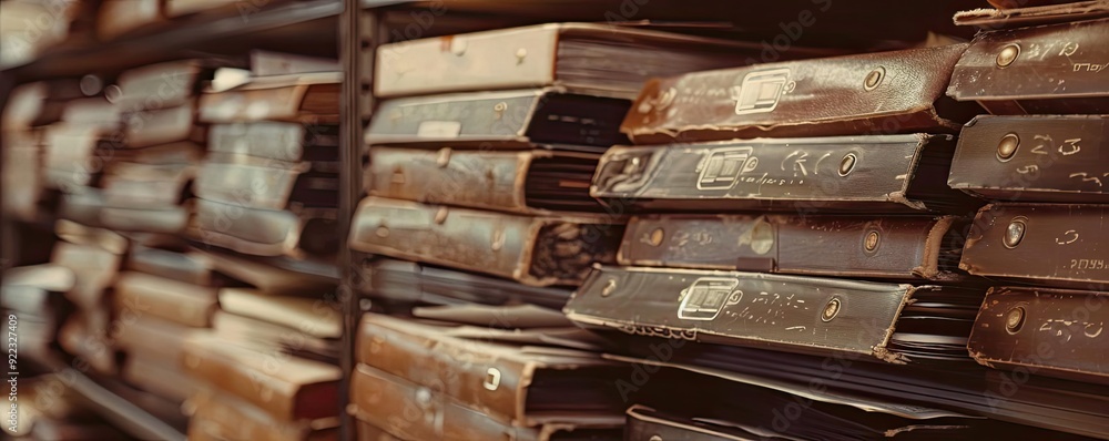 Poster a close-up view of aged books stacked in disarray, showcasing their worn covers and faded spines wit