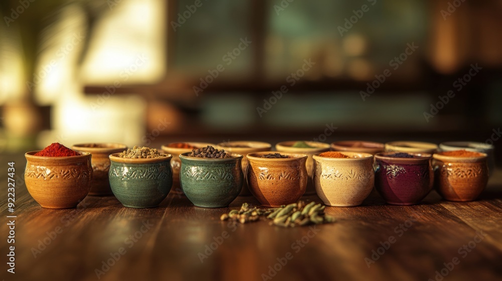 Poster a row of small cups filled with different spices on a table, ai