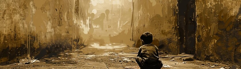 Obraz premium A child in wornout clothes, playing in a dirty alley, sepia tone, nostalgic, detailed illustration