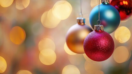 Fototapeta premium Christmas balls hanging on an out of focus background 