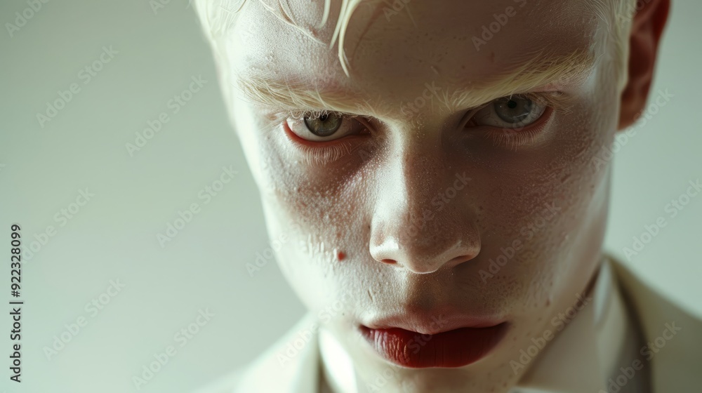 Poster young person with striking features and intense expression in a minimalist setting