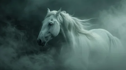 Papier peint photo  Majestic white horse emerging from misty fog in a dark atmosphere at dawn  © FryArt