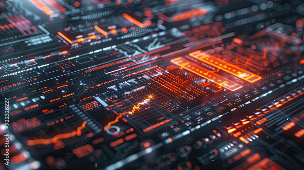 Poster Futuristic digital interface with glowing lines and data visualizations, perfect for technology and innovation themes.