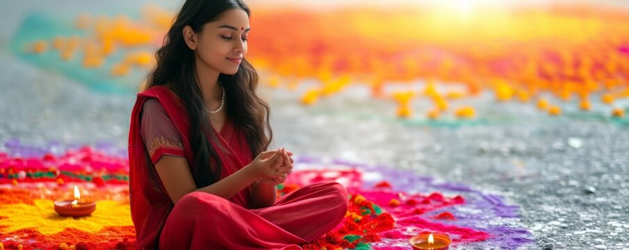 Young indian woman in  tradition red mekhla on colorful bright blurred rangoli background. Diwali,  Ugadi, Gudi Padwa, Hindu New Year. Indian festival  banner, copy space.