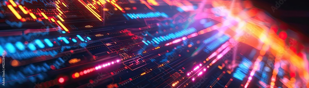 Poster Vibrant digital patterns create a futuristic atmosphere, showcasing brilliant lights and motion in a networked world.