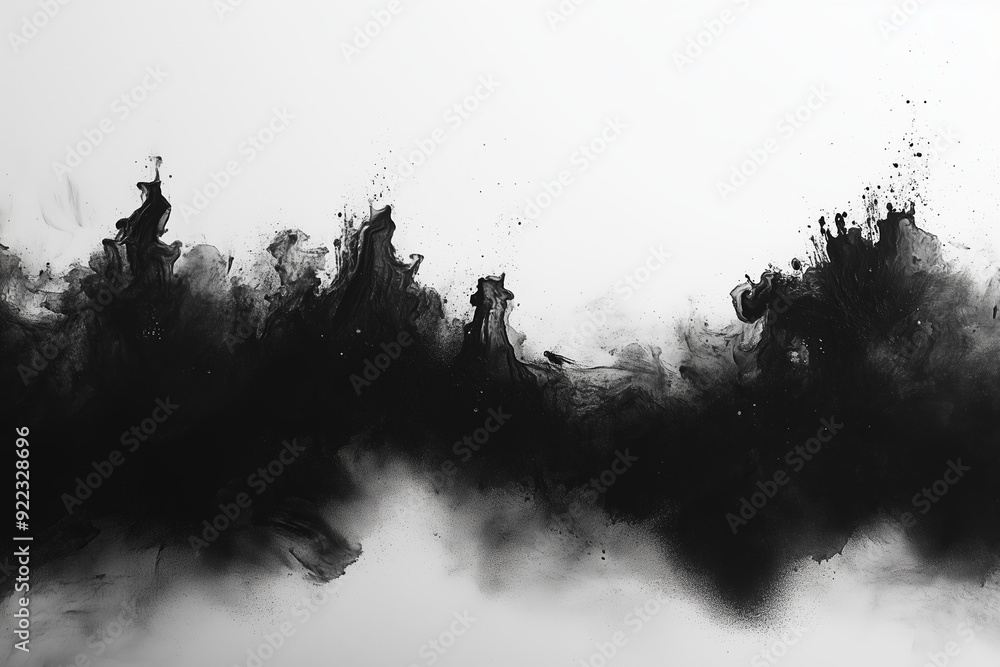 Poster abstract black ink splashes creating a dynamic texture on a white background