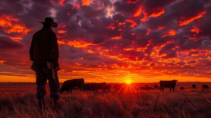 Fototapeta premium Majestic Sunset Silhouette of Lone Cowboy and Herd of Cattle on Vibrant Plains