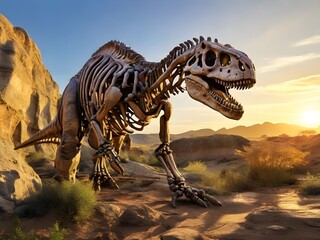 T-Rex skeleton, imposing and half-buried in sedimentary rock layers