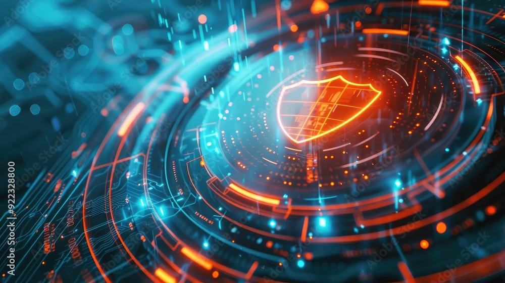 Poster Futuristic digital shield representing data security and protection in a technology-driven environment.