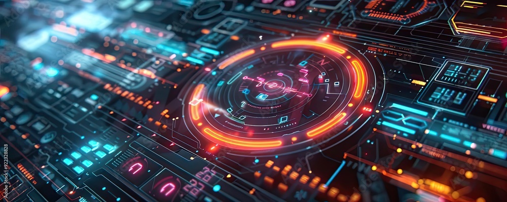 Aufkleber Futuristic digital interface with glowing lines and circular elements, showcasing advanced technology and data visualization.