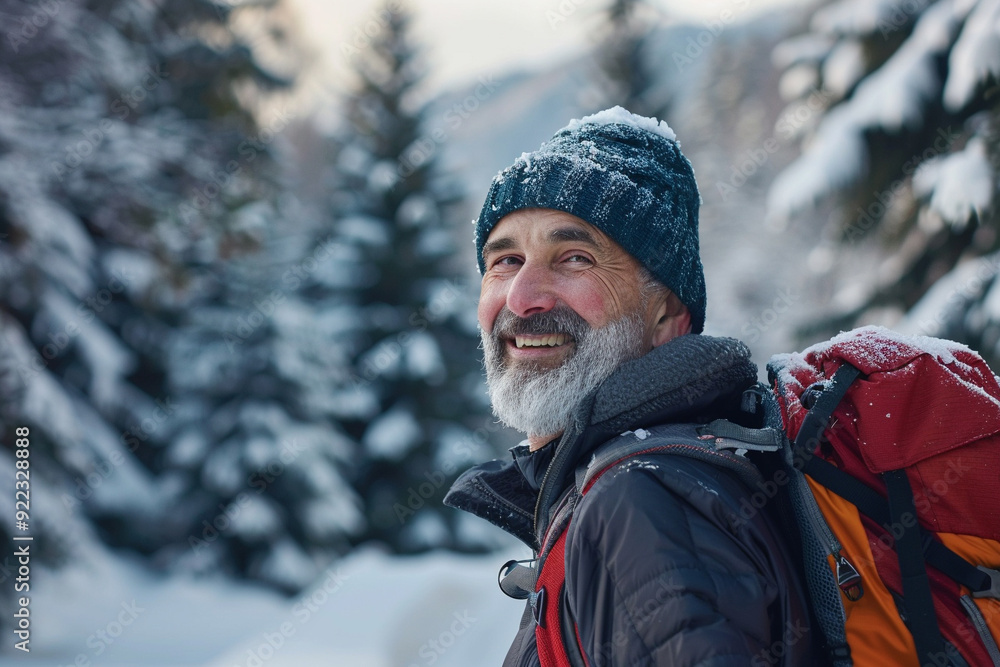 Wall mural mature man hiking in winter mountains