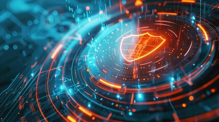 Obraz premium Futuristic digital shield representing data security and protection in a technology-driven environment.