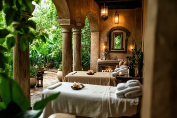 An elegant outdoor spa setup featuring two massage tables surrounded by lush greenery, luxurious decor, and atmospheric lighting for a tranquil experience.