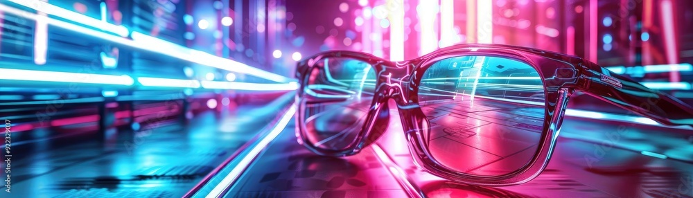 Poster futuristic glasses resting on a neon-lit surface, reflecting vibrant colors with dynamic light trail