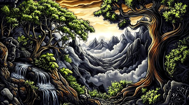 Dramatic Forest Scene with Twisted Trees and Dark Skies