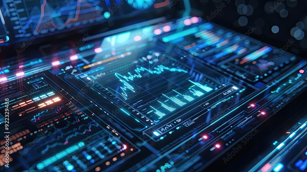 Poster Futuristic data visualization with glowing graphs and charts representing technology and analytics in a digital environment.