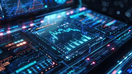 Fototapeta premium Futuristic data visualization with glowing graphs and charts representing technology and analytics in a digital environment.