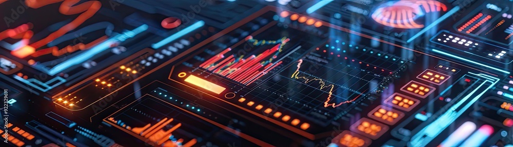 Poster Futuristic digital interface showcasing data analytics and financial trends with glowing charts and graphs.